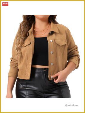 Plus Size Crop Moto Biker Jacket Faux Suede Leather Button Front